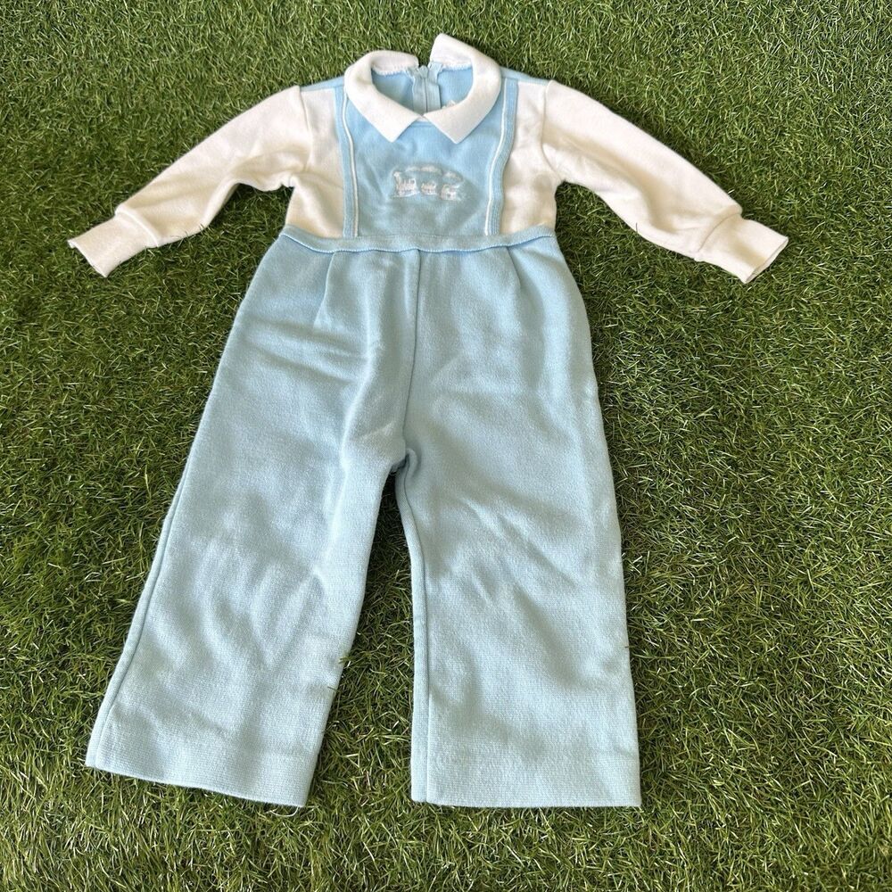 Vtg Little World Knit Train Overalls Boy Size 2T Toddler Jumpsuit Romper Blue‎